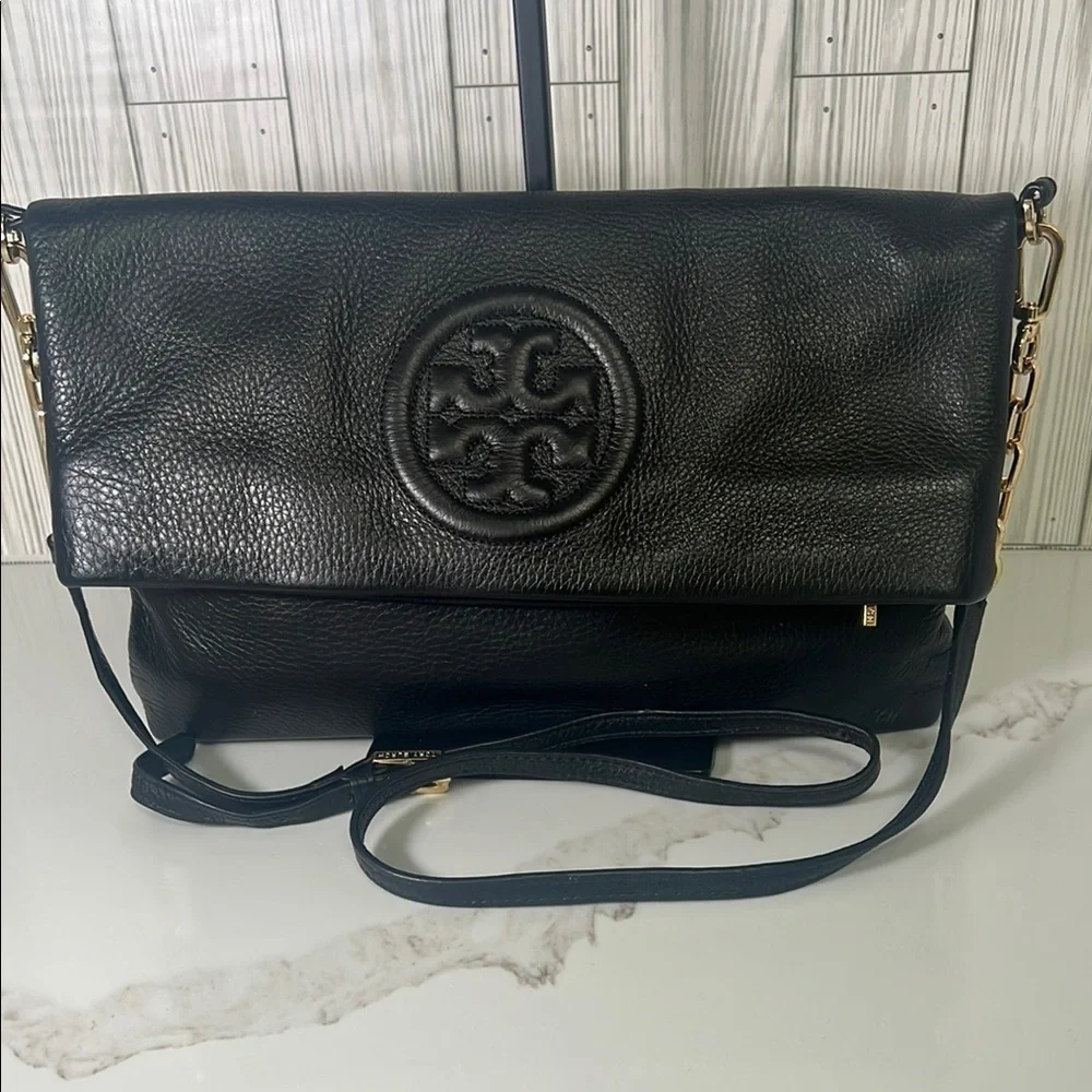 Tory Burch Bombe Fold-Over Crossbody/Clutch Black Pebbled Leather Bag